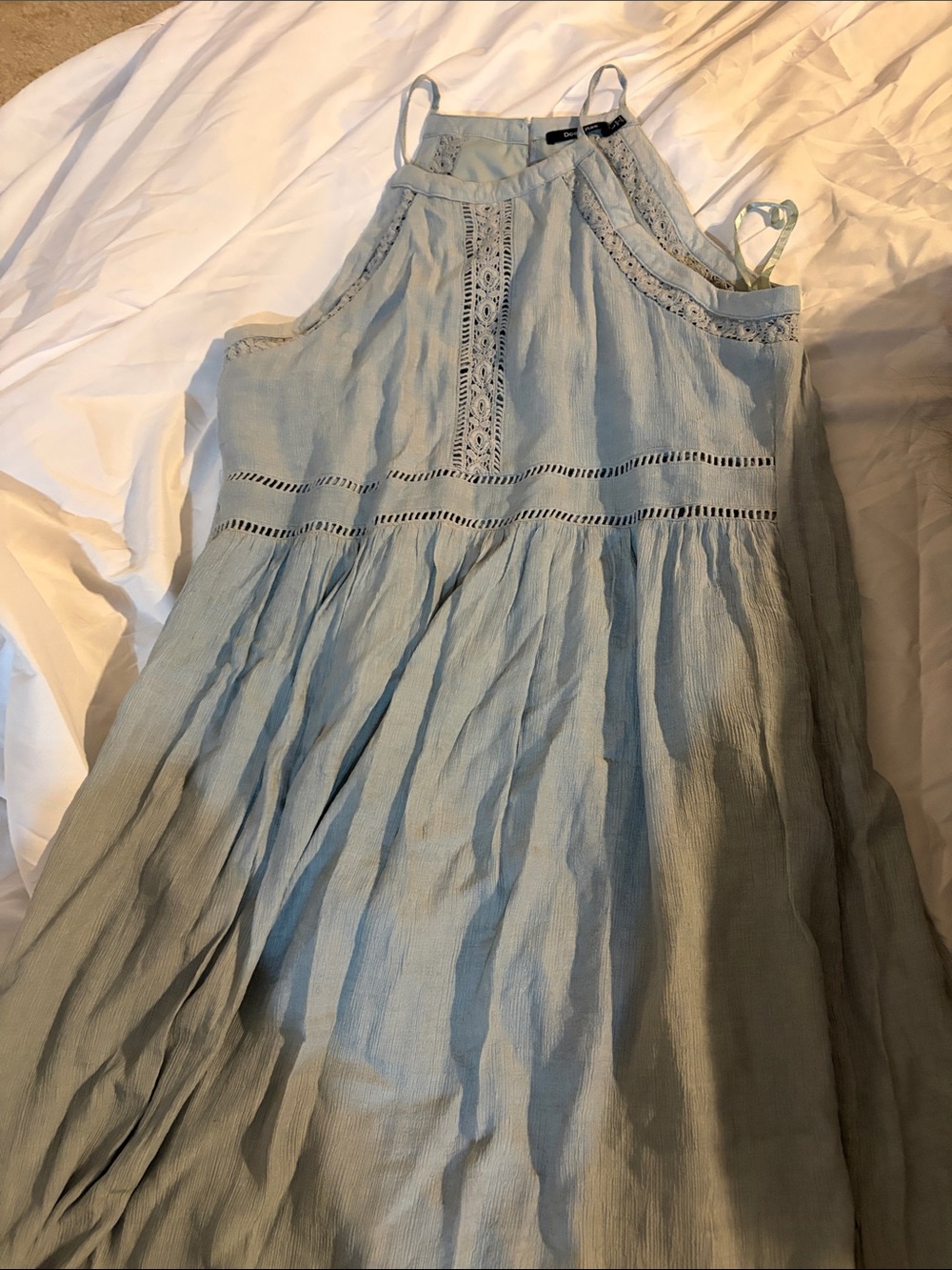 Doe & Rae Light Blue Lace-Trim Halter Sundress
